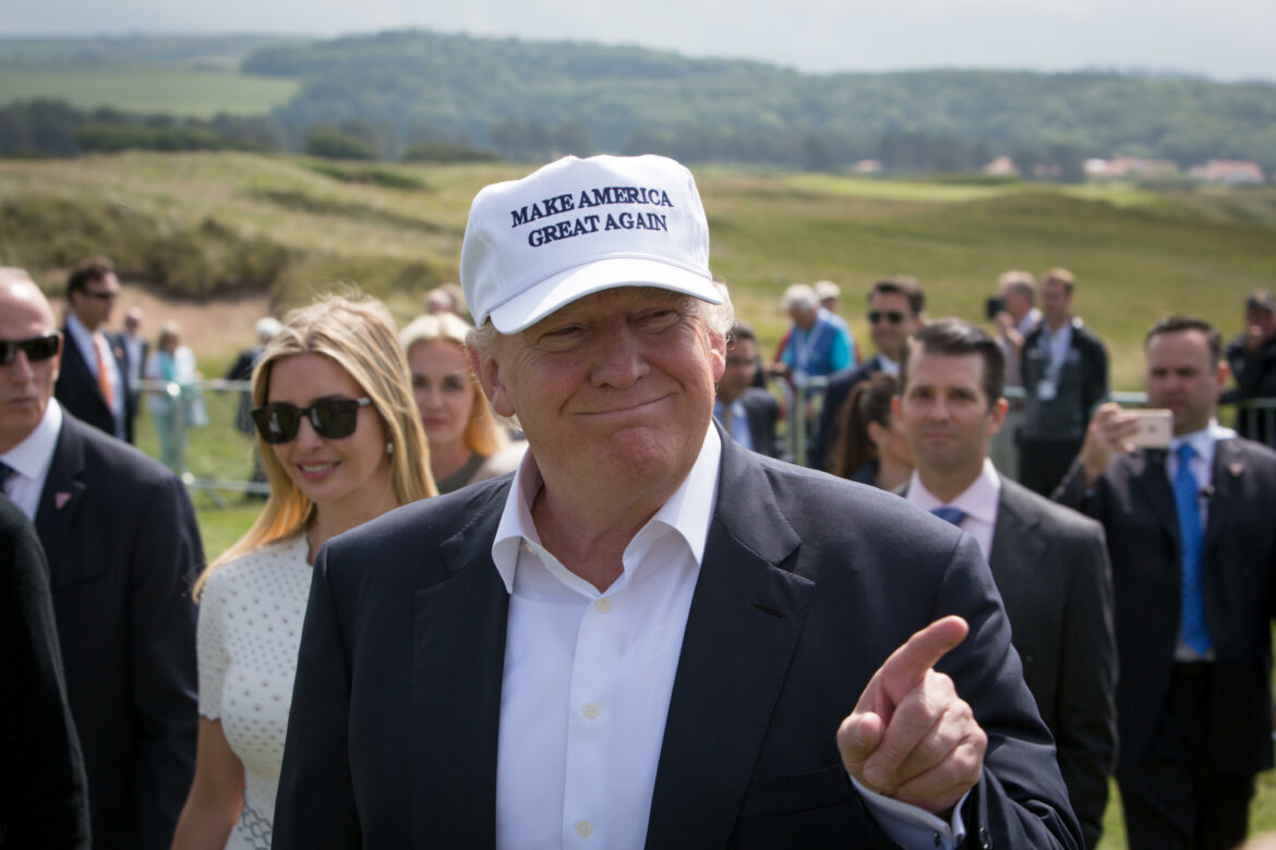 G6BFAG Republic presidential nominee Donald Trump holds a press conference on the 9th hole tee, with his family members Don, Eric and Ivanka, at his Trump Turnberry Golf Course, in Turnberry, Scotland, on 24 June 2016.
