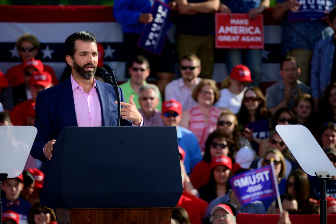 TRBWC0 Donald Trump Jr. speaks on stage during a campaign rally with US President Donald J. Trump at a MAGA rally in Montoursville, PA on May 20.